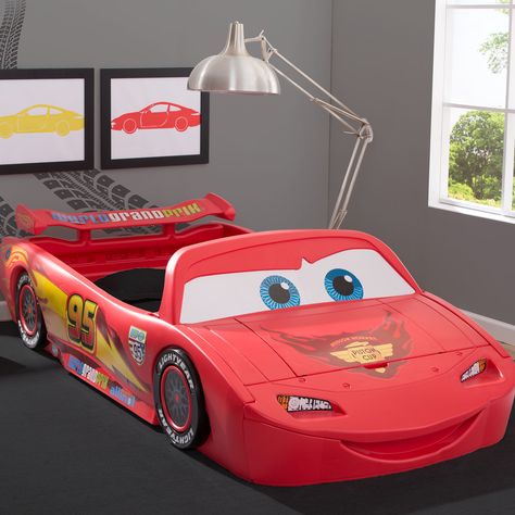 Delta Children Disney/Pixar Cars Lightning Mcqueen Covertible Toddler Bed with Lights and Toy Box | Wayfair Lightning Mcqueen Bed, Lightning Mcqueen Bedroom, Bed With Lights, Race Car Bedroom, Twin Bed Headboard, Toddler Car Bed, Twin Car Bed, Twin Car, Kids Car Bed