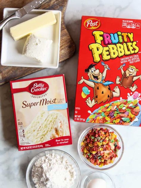 Fruity Pebble Cake Mix Cookies, Fruity Pebble Cake Pops, Fruit Pebble Cookies, Fruity Pebbles Cake Recipes, Fruity Pebbles Cookies Cake Mixes, Cake Mix Crumble Cookies, Cookies With Chocolate Frosting, Fruity Pepples, Fruity Pebbles Cake