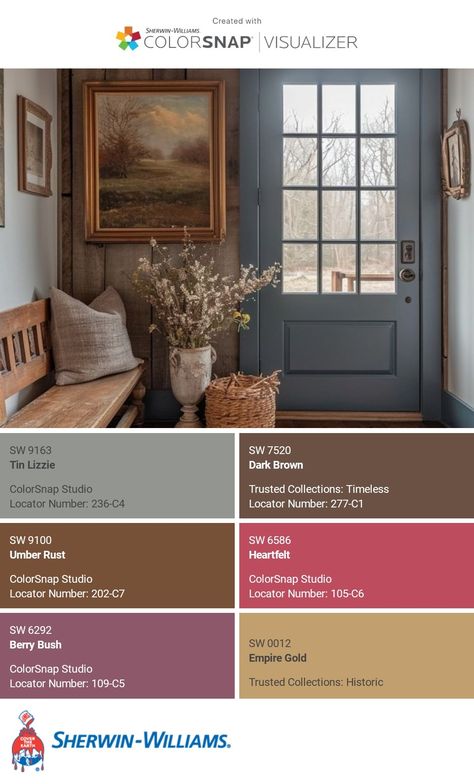 I just created this color palette with the Sherwin-Williams ColorSnap® Visualizer app on my Android phone. What do you think? You can learn more about ColorSnap Visualizer and get it on your phone free by visiting https://www.sherwin-williams.com/content/colorsnap.html. Eminent Bronze Sherwin Williams, Sherwin Williams Brainstorm Bronze, Umber Rust Sherwin Williams, Brainstorm Bronze, House Palette, Dark Trim, House Color Palettes, Paint Wall, Wall Paint Colors