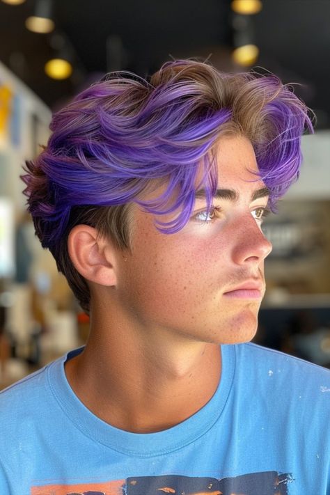 Peacock Bright Purple Hair Color Melt for Men Guy Colored Hair, Coloured Hair Men, Mens Purple Hair, Men’s Colored Hair, Man Hair Color Ideas Guys, Guy Purple Hair, Mens Colored Hair, Men Hair Color Ideas, Mens Hair Dye Ideas Colour