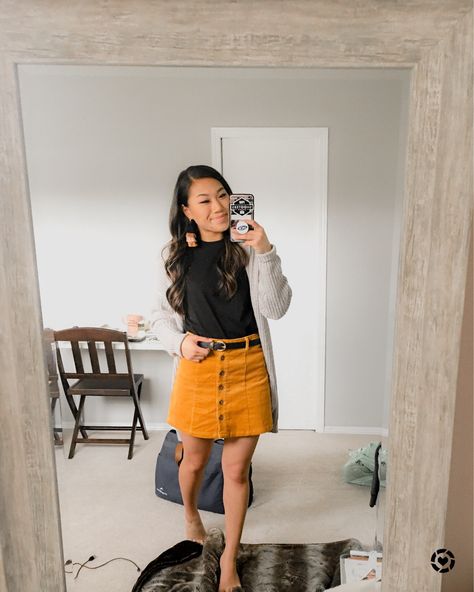 Yellow Corduroy Skirt Outfit, Oversized Knitted Cardigan, Corduroy Skirt Outfit, Fall Business, Business Casual Fall, Ootd Inspo, Skirt Style, Corduroy Skirt, Shopping App