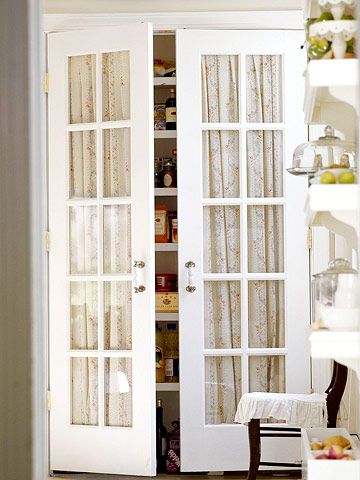 Update in a flash with fabric. I should put curtains on my french doors. French Door Curtains Diy, Door Curtains Bedroom, Closet Door Alternative, Curtains For Closet Doors, Door Curtains Diy, Door Alternatives, Steel Doors Exterior, Bedroom Closet Doors, Glass Pantry Door