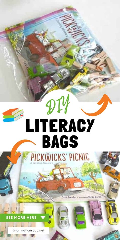 Literacy Kit Ideas, Story Bag Ideas, Take Home Literacy Bags Preschool, Reading Bags For Kindergarten, Sensory Bins With Books, Book Related Crafts Preschool, Literacy Bags Take Home, Preschool Take Home Bags, Preschool Book And Activity