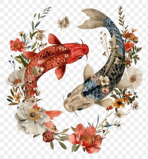 Koi Pisces, Aesthetic Pngs, Fish Collage, Fish Accessories, Zodiac Pattern, Fish Png, Png Elements, Png Flower, Flower Collage