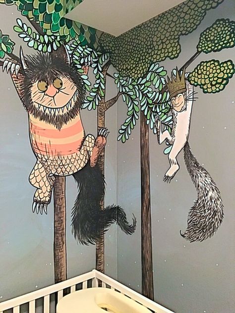 Where the Wild Things Are Recreation Nursery Mural Wild Things Nursery, Book Themed Nursery, Playroom Mural, Nursery Mural, Murals For Kids, Nursery Room Inspiration, Nursery Baby Room, Baby Bedroom, Baby's Room