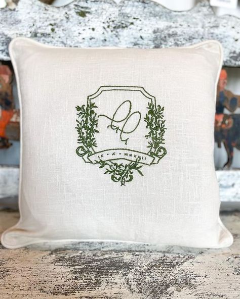 Mariana | Hibiscus Linens on Instagram: "When you want your wedding crest to live forever…upgrade your new home decor with a hand embroidered version of it! Or give a gift outside of their registry that they will cherish forever🤍 #handembroidery #handembroidered #stitching #embroidery #embroidered #handstitched #finelinens #inspo #pillows #embroideredpillow #weddinginspo #weddingcrest #interiorstyling #interiordesign #weddinggift" Stitching Embroidery, Give A Gift, Wedding Crest, New Home Decor, Embroidered Wedding, Live Forever, Living Forever, Fine Linens, Embroidery Ideas