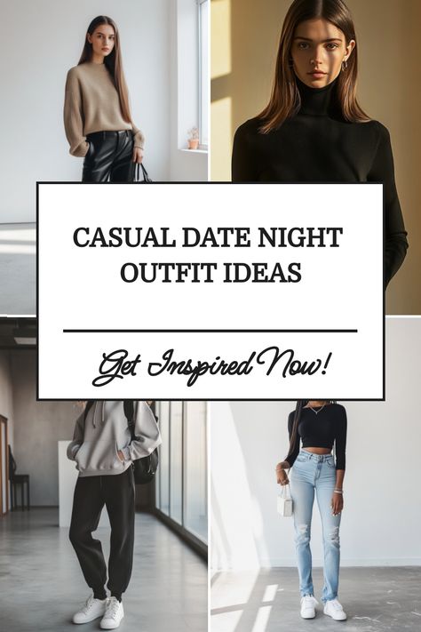 Collage of women modeling casual date night outfits with a text overlay: "Casual Date Night Outfit Ideas - Get Inspired Now!" Cute Night Out Outfits Casual, Movie Date Night Outfit Casual, Winter Casual Date Outfit, Comfortable Going Out Outfits, Date Night Outfit With Sneakers, Casual Outfit For Dinner With Friends, Date Night Outfit Winter Dinner Casual, Casual Date Night Outfit Fall 2024, Casual Dinner With Friends Outfit