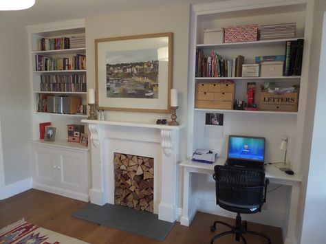 exeter alcove 5 Desk In Living Room Next To Fireplace, Built In Desk Fireplace, Built In Office In Living Room, Built In Desk In Cupboard, Desk Beside Fireplace, Built Ins Around Fireplace With Desk, Desk In Alcove Spaces, Bedroom With Alcoves Ideas, Alcove Office Ideas Desks