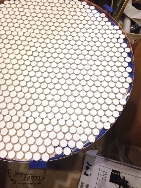 A DIY penny tile table top - Jennifer Rizzo Diy Tile Table, Tile Patio Table, Tile Table Top, Round Outdoor Table, Tile Top Tables, Diy Patio Table, Round Patio Table, Tile Tables, Diy Table Top