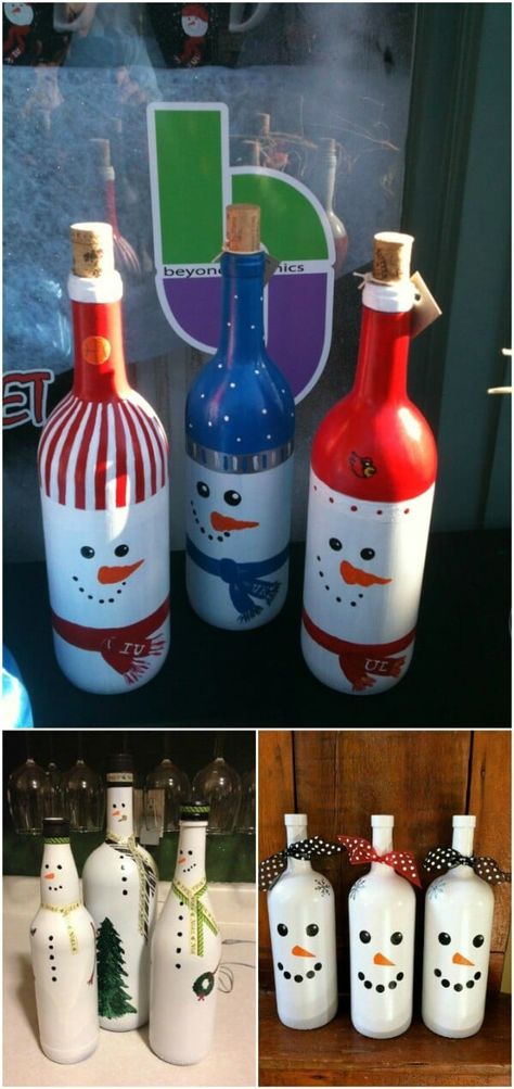 20 Festively Easy Wine Bottle Crafts For Holiday Home Decorating - So, Christmas decorating season is here. This is my absolute favorite time of year. I love decorating for the holidays and can’t wait until it’s time to get out the tree and set out the ornaments. Between baking those amazing Christmas sweets and decorating, there’s always time for DIYing. Let’s get started on some Christmas crafts with this collection of 20 easy wine bottle crafts that I’ve collected. Christmas Wine Bottles Diy, Christmas Wine Bottle Crafts Diy, Holiday Wine Bottle Crafts, Snowman Wine Bottle, Wine Bottle Crafts Christmas, Holiday Wine Bottles, Cute Christmas Decorations, Painted Bottles, Bottle Ideas