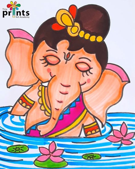 Easy Ganesh Drawing For Kids, Little Ganesha Drawing, Festival Drawing Indian, Vinayaka Drawing, Ganesh Drawing For Kids, Ganesha Easy Drawing, Ganpati Drawing For Kids, Sari Drawing, Ganeshji Drawing