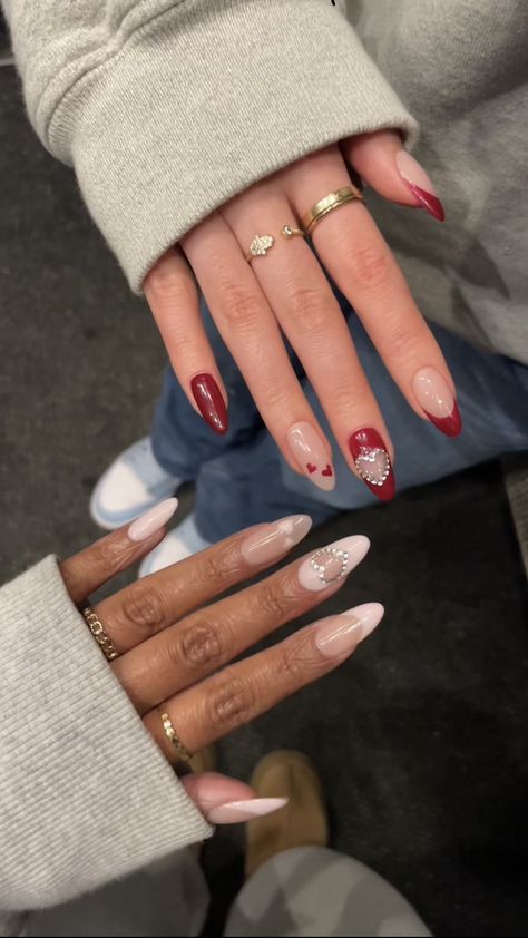 Nails To Match Every Outfit, Fuerza Regida Nails, Nails One Hand Different Color, Red Nails With Design Ideas, Cute Elegant Nails, Simple Red Nail Designs, Matching Bestie Nails, Red Nails With Design, Bright Nail Ideas