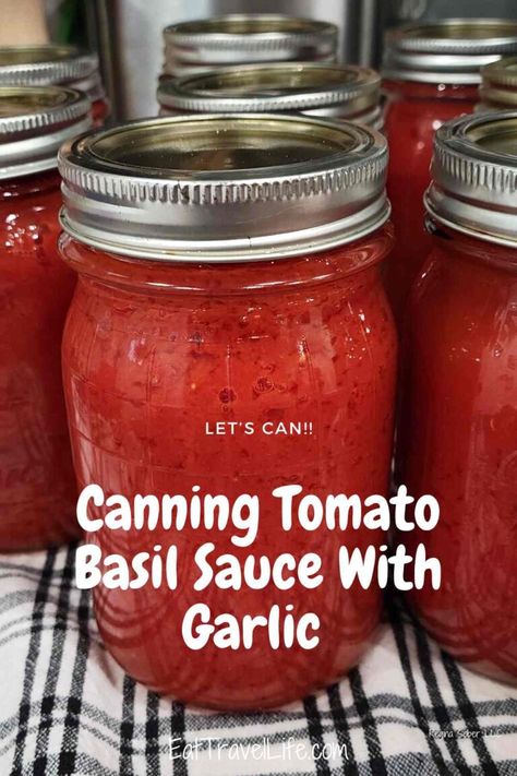 Make a delicious tomato basil sauce with fresh garlic. Use as a marinara sauce and serve in recipes as your tomato sauce. #canning #canningtomatoes #tomatosauce #tomatobasilgarlicsauce #homemadesauce #canningsauce #spaghettisauce #bestsauce #preserve #homestead #cannedtomatoes Canning Tomato Basil Sauce, Canning Tomatoes With Basil And Garlic, Roasted Garlic Tomato Sauce Canning, Preserving Tomato Sauce, Tomato Basil Canning Recipes, Canning Italian Tomato Sauce, Canning Roma Tomatoes Marinara Sauce, Canning Basil Recipes, Homemade Tomato Basil Sauce