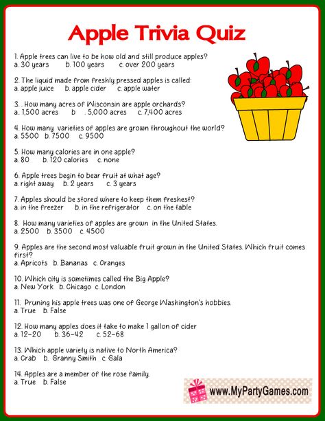 Free Printable Apple Trivia Quiz with Answer Key Apple Trivia, September Trivia, Kid Holiday Games, Movie Trivia Quiz, Anniversary Party Games, Quiz With Answers, Office Party Games, Trivia Quizzes, Free Printable Games