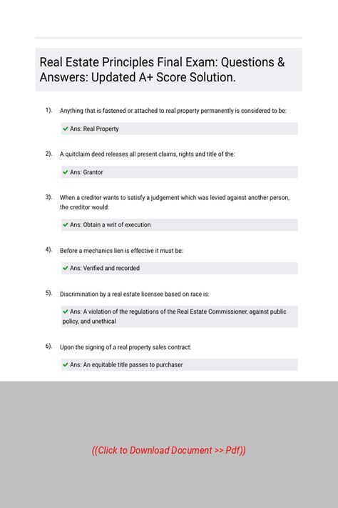 Real Estate Principles Final Exam Questions amp Answers Updated A Score Solution 
 Follow Link above to Download the document (pdf) Real Estate Exam Cheat Sheet, Real Estate Exam, Real Estate Education, Final Exam, Final Exams, Homework Help, Cheat Sheet, Question And Answer, Homework