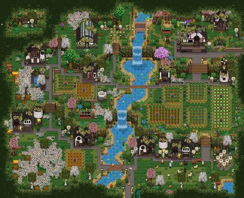 Stardew Valley Cottagecore Farm, Stardew Farm, Valley Aesthetic, Terraria House Ideas, Terraria House, Cottagecore Farm, Mod Aesthetic, Stardew Farms, Stardew Valley Layout