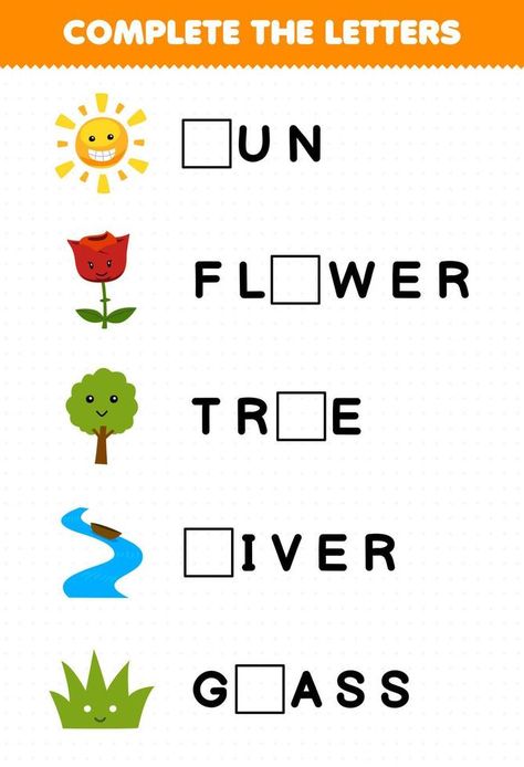 Education game for children complete the letters from cute cartoon sun flower tree river grass printable nature worksheet Nature Worksheets For Preschool, Nature Worksheets For Kids, Nature Worksheets, Flowers Worksheet, Nature Worksheet, Grass Printable, Dream Environment, 1st Grade Activities, Cartoon Sun