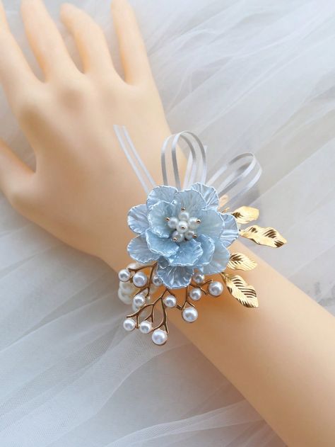 Blue Basics Collar  ABS   Embellished   Wedding & Event Baby Blue Jewelry, Gold Corsage, Blue Corsage, Ocean Wedding Theme, Castle Dress, Light Blue Bridesmaid, Wrist Flowers, Bridal Accessory, Prom Accessories