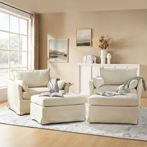 Wade Logan® Cario Slipcovered Armchair with Wheels and Ottoman | Wayfair Slipcovered Chair, Ottoman White, Armchair With Ottoman, Ottoman Set, Living Room Furniture Chairs, Farmhouse Charm, Swivel Armchair, Chaise Lounge Chair, Accent Chairs For Living Room