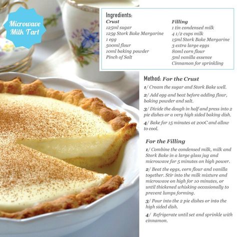 Milk tart-a South African food that I L-O-V-E! South African Desserts, African Dessert, Milk Tart, South African Recipes, Microwave Recipes, Crust Recipe, Tart Recipes, African Food, Food Cakes