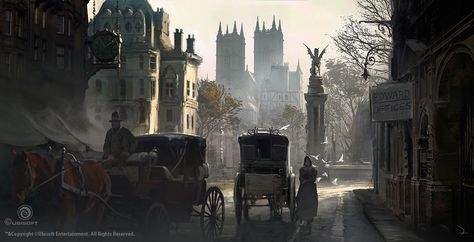 Assassin's Creed Syndicate Mood Artwork, Martin Deschambault on ArtStation at https://www.artstation.com/artwork/LaBzR Assassin's Creed Syndicate, Assassins Creed Syndicate, Fantasy Town, Victorian London, Fantasy City, Assassin’s Creed, Environment Design, Environment Concept Art, Fantasy Inspiration