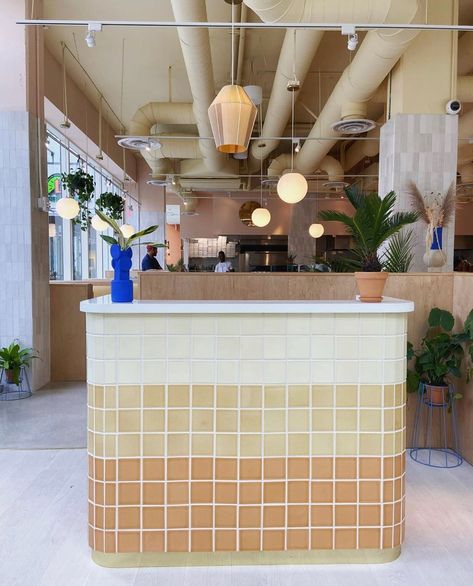 Spotted— #FireclayTileInTheWild at @thatchmiami! 🔍🌾 - Tile shown: 4x4 in Koi, Haystack, & a custom yellow. - Design: @continuumbazaar - #commercial #commercialdesign #handmadetiles #thatchmiami #fireclaytile #fireclaykoi #fireclayhaystack Reception Desk Tile, Tiled Reception Desk, Tile Reception Desk, Gallery Landing, Kitchen Tile Inspiration, Bar Tile, Miami Restaurants, Tile Counters, Recycled Tile