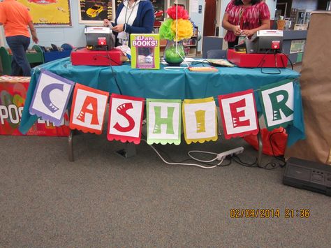 Scholastic Book Fair Fiesta 2014 Cashier's table.-made something similar but used "fiesta" scrapbook paper on the ends School Book Fair Theme, Scholastic Book Fair Themes, Book Fair Decoration Ideas, Book Fair Decorations, Bookfair Themes, Book Fair Themes, Book Fair Ideas, Book Fair Ideas Display, Cashier Table