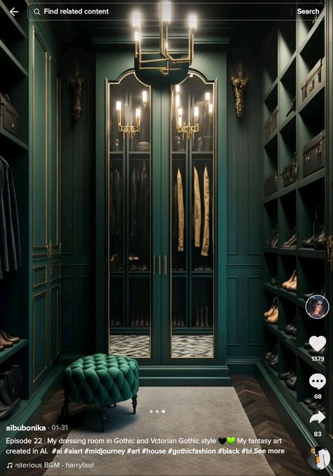 Dark And Moody Master Closet, Gothic Closet Aesthetic, Emerald Green Closet, Slytherin Interior Design, Green Walk In Wardrobe, Slytherin Aesthetic Home Decor, Slytherin House Decor, Dark Green Dressing Room, Hogwarts Aesthetic Home Decor