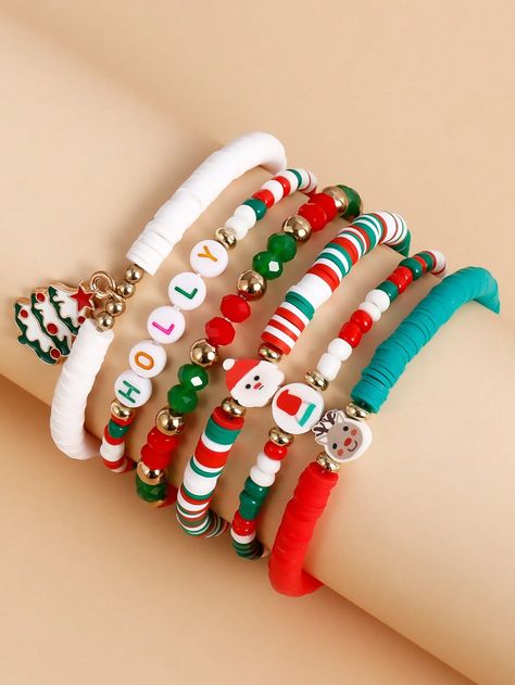 Multicolor Stylish Collar  Polymer Clay   Embellished   Kids Jewelry & Watches New Years Bracelet Ideas, Polymer Clay Christmas Charms, Christmas Bracelets Ideas, Christmas Clay Bead Bracelet Ideas, Christmas Clay Bead Bracelets, Xmas Bracelets, Christmas Bracelet Ideas, Christmas Jewelry Diy, Christmas Beads