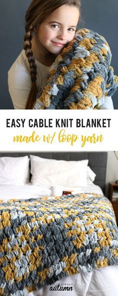 It's super easy to make this pretty cable knit blanket using looping yarn! You can finger knit without needles or any knitting experience. #itsalwaysautumn #fingerknitting #loopyarn #cableknitblanket Finger Knitting Blankets, Cable Knit Blanket, Loopy Yarn, Finger Knitting Projects, Finger Knit, Diy Knit Blanket, Cable Knit Blankets, Finger Crochet, Felt Yarn