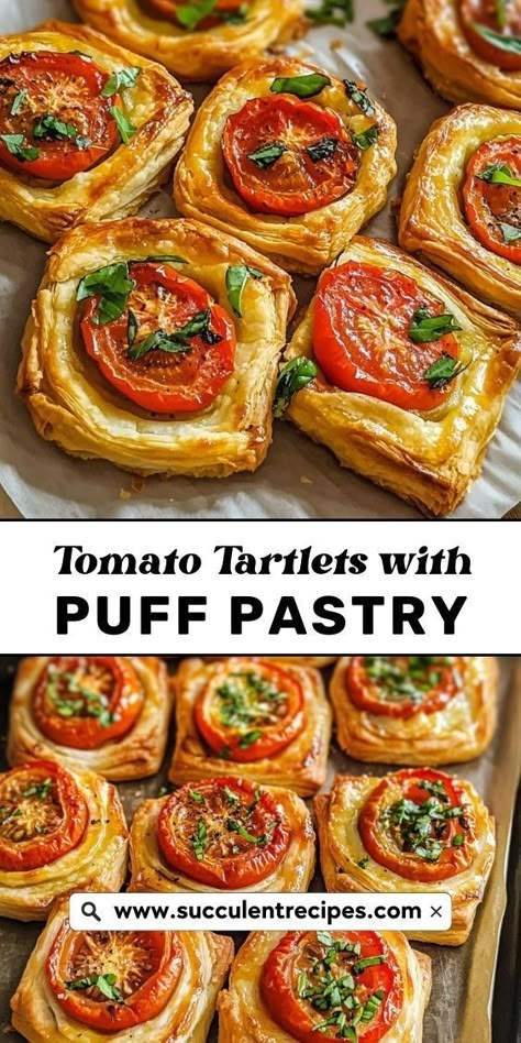 These Mini Tomato Tartlets with Puff Pastry are bite-sized bursts of savory goodness, featuring roasted tomatoes, melted cheese, and a golden crispy crust! Puff Pastry App, Puff Pastry Tartlets, Tomato Tartlets, Puff Pastry Dinner, Tomato Tart Puff Pastry, Easy Tomato Tart, Puff Pastry Recipes Appetizers, Puff Pastry Snacks, Puff Pastry Recipes Savory