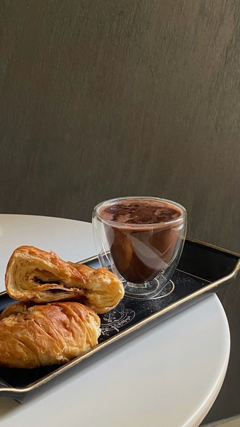 Aesthetic Croissant Picture, Hot Chocolate And Croissant, Chocolate Croissant Aesthetic, Aesthetic Croissant, Croissant Aesthetic, Chocolate Croissant, Home Cafe, Aesthetic Pics, Aesthetic Pictures