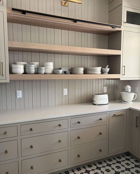 Taupe Pantry, Cottagecore Pantry Aesthetic, Open Shelves Pantry, In Wall Pantry, Studio Mcgee Pantry, Wall Pantry Cabinets, Pantry Open Shelving, Moody Pantry, Pantry Backsplash