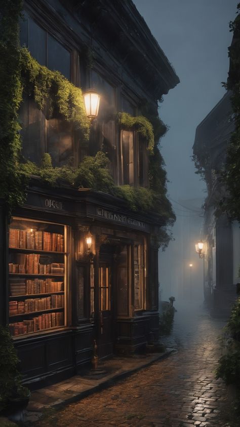 Witch Town Aesthetic, Fantasy Bookstore, Foggy Street, Dark Academia Goth, Fantasy Town, Story Planning, Library Aesthetic, Anime City, Iphone Wallpaper Hd Nature