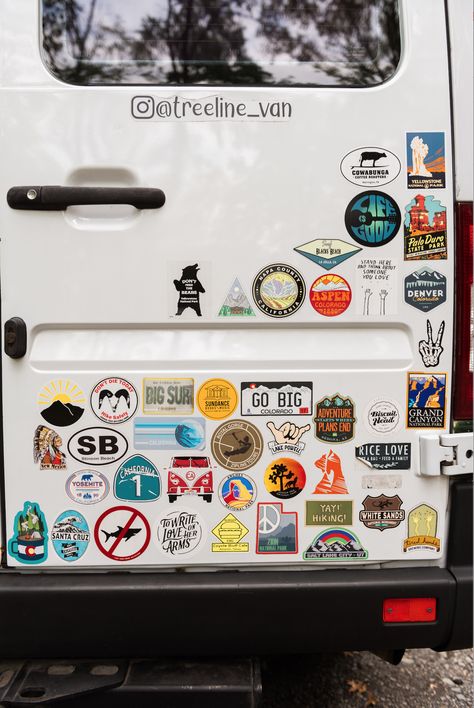 Bumper stickers of places the van visited Granola Bumper Stickers, Stickers On Jeep, Bumper Stickers Aesthetic, Bumper Sticker Aesthetic, Cool Bumper Stickers, Van Stickers, Car Sticker Ideas, Adventure Car, Stick Shift