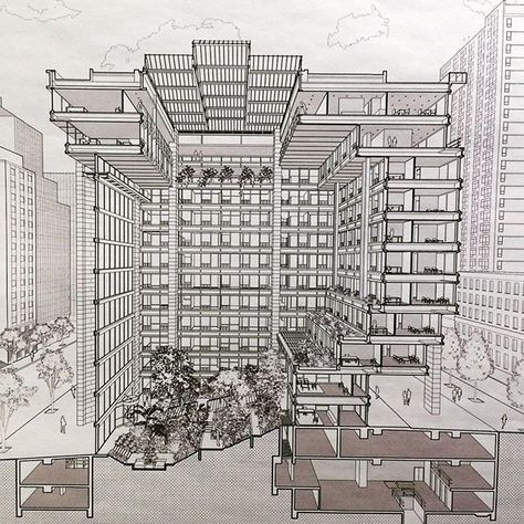 Architecture, Design & Photography: Section drawing of the ford foundation by #kevinroche courtesy of LTL architects #nyc#office#rochedinkeloogarden by jazzyli_nyc Ford Foundation Atrium, Office Section Architecture, Ford Foundation Building, Building Section Architecture, Atrium Design Architecture, Foundation Architecture, Ltl Architects, Section Drawing Architecture, Nyc Office