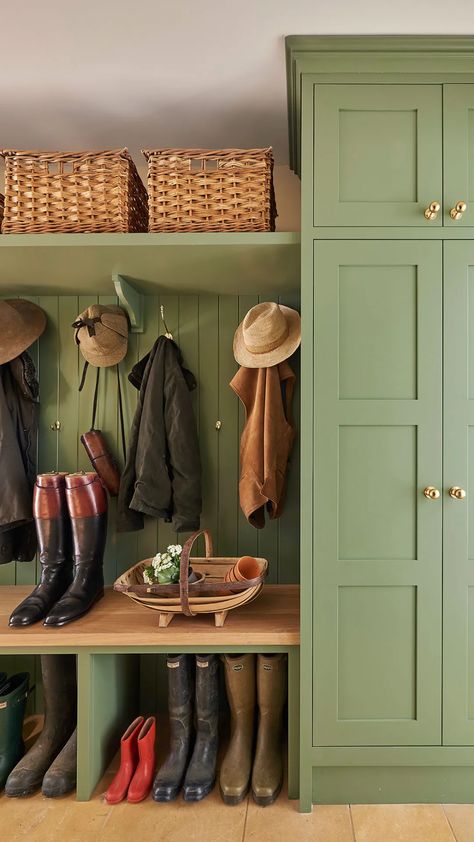 Calke Green, Boot Room Storage, Boot Room Utility, Cupboard Paint, Mudroom Decor, Mudroom Laundry Room, Mud Room Storage, Mudroom Design, Boot Room