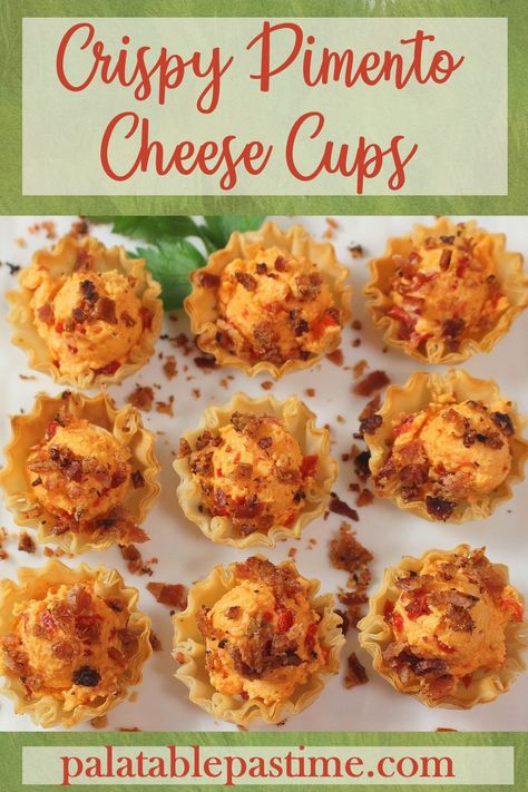 Crispy Pimento Cheese Cups are crunchy  baked phyllo shells filled  with a bite of homemade pimento cheese and bacon. Pimento Cheese And Bacon Mini Cheeseball Bites, Pimento Cheese Philo Cups, Pimento Cheese Cups, Pimento Cheese Puff Pastry, Pimento Cheese Bites Recipe, Pimento Cheese Phyllo Cups, Pimento Cheese Bites, Pimento Cheese Straws, Siljans Croustades Crispy Shells Recipes