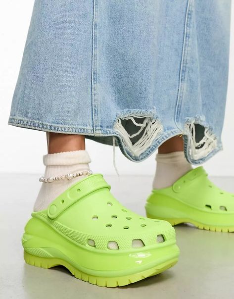 Crocs mega crush clogs in lime green | ASOS Crocs Mega Crush, Crocs Logo, Clog Outfit, Platform Crocs, Crocs Slippers, Green Platform, St Patrick's Day Outfit, In Pairs, Organic Clothing