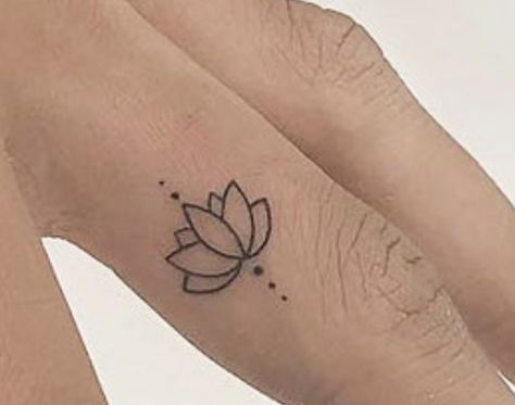 Lotus Flower Tattoo Small Finger, Tiny Lotus Tattoo Finger, Finger Tattoos Lotus Flower, Finger Lotus Flower Tattoo, Lotus Stick And Poke, Lotus Flower Finger Tattoos For Women, Finger Lotus Tattoo, Lotus Tattoo Finger, Water Lily Finger Tattoo