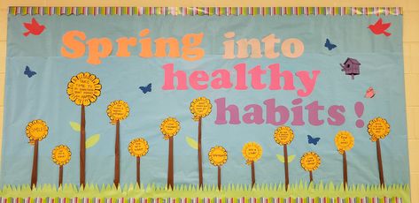 Adapt new habits this spring Nurse Bulletin Board Ideas, School Nurse Bulletin Board Ideas, Cafeteria Bulletin Boards, Pe Bulletin Boards, Resident Assistant Bulletin Boards, Nurse Bulletin Board, Health Bulletin Boards, Office Bulletin Boards, School Nurse Office