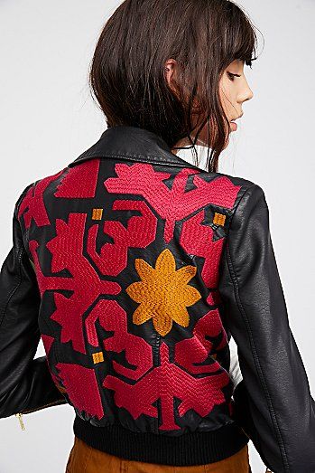 Embroidered Vegan Bomber Leather Jacket Embroidery, Jacket Embroidery, Best Leather Jackets, Diy Jacket, Free People Jacket, Winter Coats, Winter Coats Women, Faux Leather Jackets, Grunge Fashion