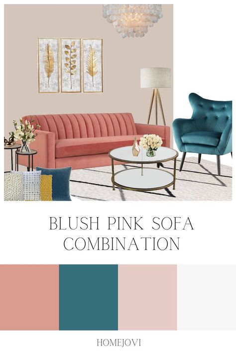 Pink And Teal Office Decor, Sofas Colour Combination, Blush Pink And Teal Living Room, Blush Pink And Blue Living Room, Living Room Designs Pink Sofa, Blush Sofa Living Room Ideas, Teal Yellow Pink Living Room, Blush Pink Couch Living Room Ideas, Teal And Pink Living Room Ideas