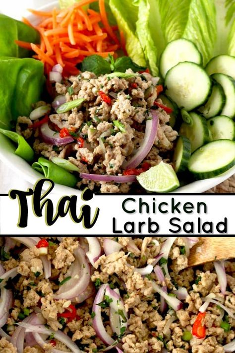 Thai Chicken Larb Recipe, Chicken Laab Thai, Larb Gai Recipe, Thai Larb Salad, Ground Turkey Larb, Thai Laab Recipe, Salad With Ground Chicken, Thai Chicken Larb, Thai Ground Turkey Recipes