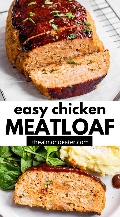 This Chicken Meatloaf is the easiest weeknight dinner recipe! It's perfectly moist, made with ground chicken and parmesan cheese and is topped with a delicious ketchup glaze. Plus, it comes together in just 1 hour. Talk about healthy comfort food! Ground Chicken Casserole, Ground Chicken Meatloaf, Chicken Meatloaf Recipe, Meatloaf With Oatmeal, Traditional Meatloaf Recipes, Chicken Meatloaf, Chicken Mashed Potatoes, Ground Chicken Recipes, Healthy Comfort