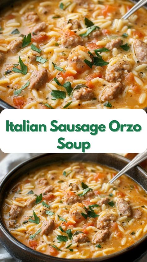 This One Pot Italian Sausage Soup with Orzo, Spicy Italian Sausage, Spinach in a rich tomato base is delicious and takes only 20 minutes to make. you can make it in crockpot. Sausage Orzo Soup, Italian Sausage Orzo, Sausage Orzo, One Pot Sausage, Italian Sausage Soup Italian Sausage And Orzo, Orzo Sausage, Garlic Drumsticks, Soup Italian Sausage, Sausage Orzo Soup, Italian Sausage Orzo, Sausage And Orzo, One Pot Italian, Italian Sausage Spinach