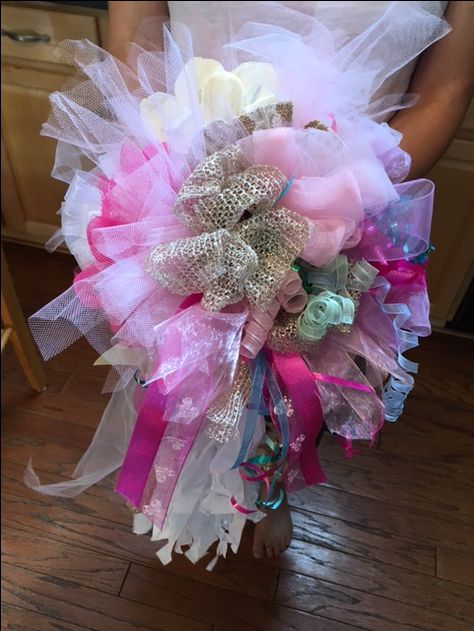 Rehearsal Bridal Bouquet from Shower Ribbons- By HSK Designs, Willoughby OH- So pretty! Wedding Rehearsal Bow Bouquet, Ribbon Bouquets, Rehearsal Bouquet, Rehearsal Dinner Planning, Bow Bouquet, Dinner Planning, Ribbon Bouquet, Gift Bow, Gift Bows