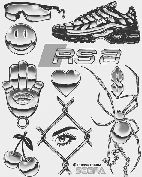 1 Of 1 Tattoo Design, Chrome Tattoo Style, Black And Grey Flash Tattoo, How To Draw Chrome, Chrome Tattoo Flash, Hip Hop Tattoo Ideas, Chrome Tattoo Designs, Chrome Drawing, Dark Flash Tattoo