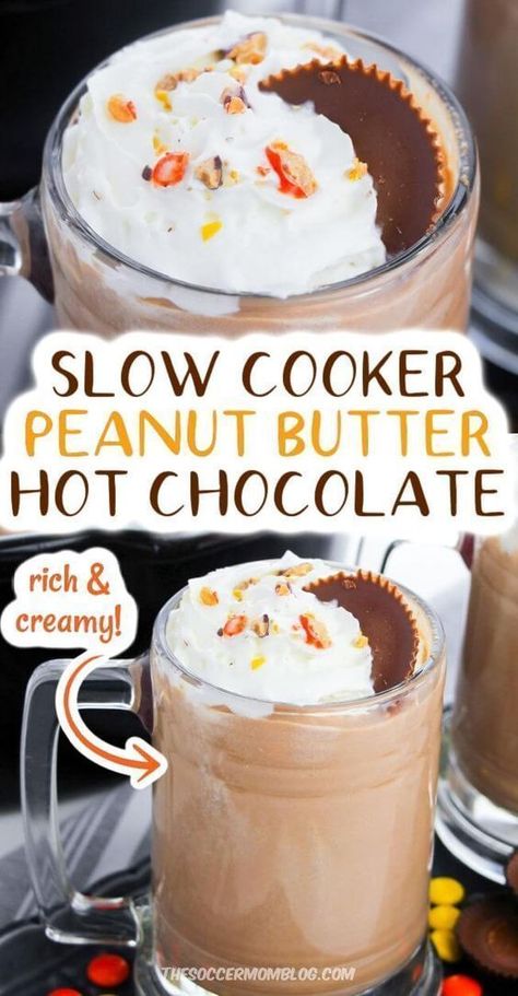 Learn how to make this amazing peanut butter hot chocolate recipe from the Soccer Mom Blog! This Crockpot Peanut Butter Hot Chocolate is made with just six simple ingredients and loaded with flavor. It is perfect for a delicious dessert while watching Christmas movies! Try this drink recipe this holiday season! Peanut Butter Hot Chocolate Recipe, Crockpot Drinks, Peanut Butter Hot Chocolate, Watching Christmas Movies, Crockpot Hot Chocolate, Hot Drinks Recipes, Hot Chocolate Drinks, Hot Chocolate Recipe, Cocoa Recipes