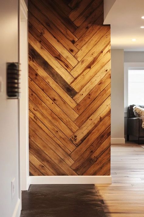 "Elevate your decor with the modern appeal of a DIY Chevron Wood Wall! 🛠️🪵 A great way to showcase your creativity and love for wood design. 🌿✨ #Woodworking #ChevronDecor #DIYProjects" Chevron Slat Wall, Wood Backdrop Wedding, Log Home Interior, Bar Wood, Herringbone Wall, Rustic Wood Wall, Herringbone Wood, Barnwood Wall, Wood Walls